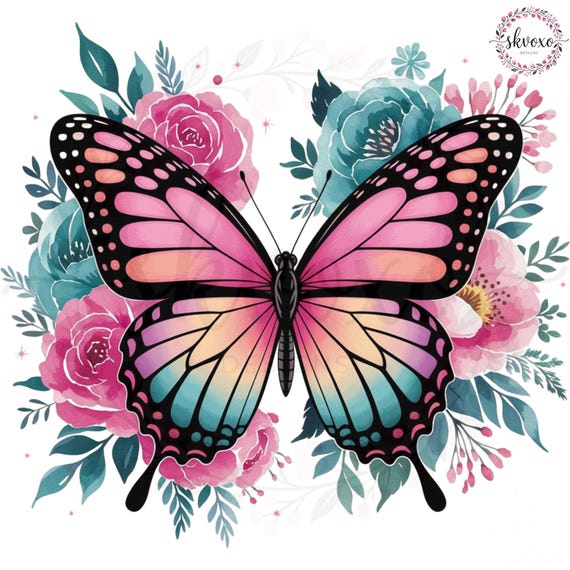 Pink Teal Butterfly PNG, Floral Butterfly Sublimation Design, Watercolor Butterfly Clipart, Butterfly Shirt PNG, Tumbler Design