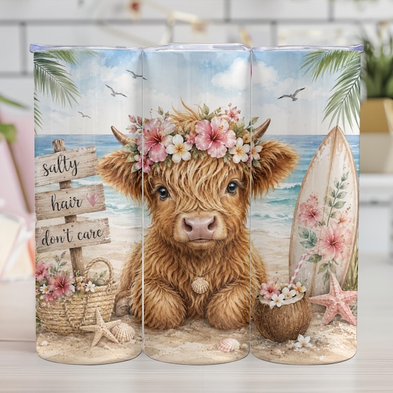 Beach Highlands Cow Tumbler 20 oz Skinny Tumbler Sublimation Design, Cute Cow Summer Time PNG Instant Download  Tumbler Wrap