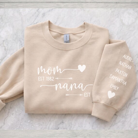 Personalized Grandma Nana Sweatshirt Est Year & Grandkids Names on Sleeve, Mothers Day Gift, Birthday Gift for Grandma, New Grandma Sweater