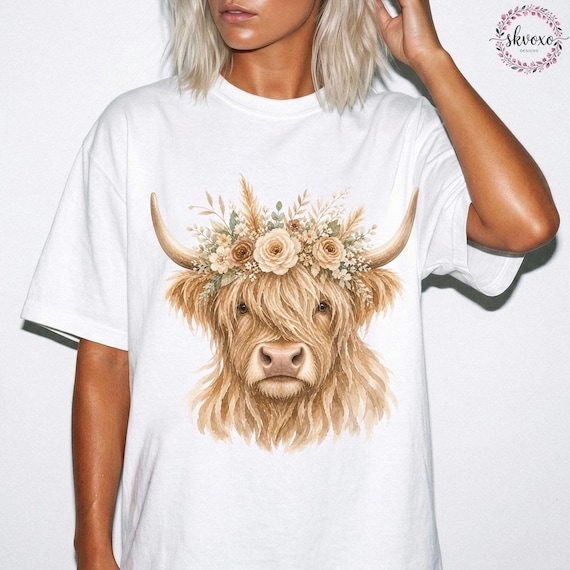 Highland Cow Floral Crown Shirt Sweatshirt | Cow Lover Gift | Highland Cow Lover Gift | Floral Cow