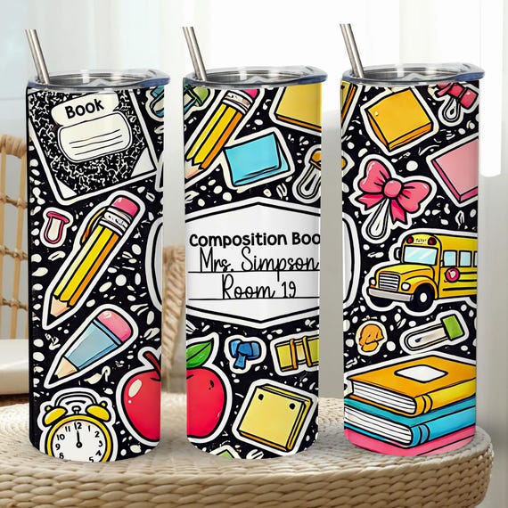 Personalized Teacher Composition Book 20oz Tumbler Wrap PNG, Custom Teacher Name Sublimation Design, Back to School Skinny Tumbler Download