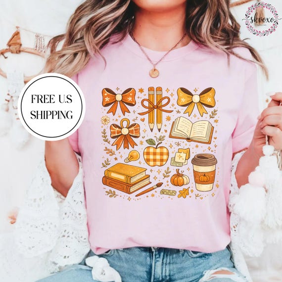 Autumn Teacher Cozy Doodle T-Shirt | Pumpkin Coffee, Books, Bows
