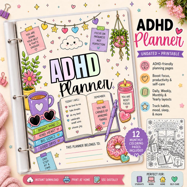 ADHD Planner Canva Template | Printable Undated Planner | ADHD Brain ...