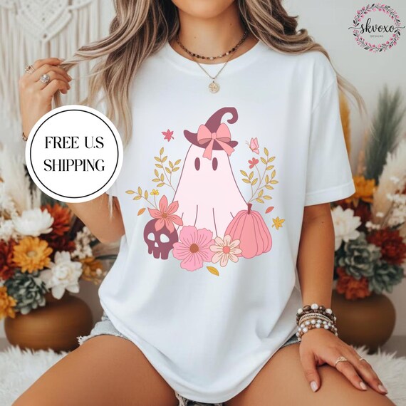 Comfort Colors® Ghost Pumpkin Autumn Halloween Fall Shirt | Pink Floral Ghost T-shirt | Cute Halloween Pumpkin Skull Tee