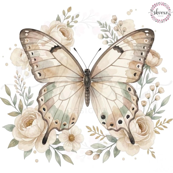 Watercolor Butterfly Floral PNG, Neutral Boho Butterfly Clipart, Cream Flower Butterfly Sublimation Design, Botanical PNG