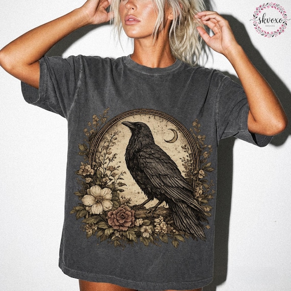 Vintage Raven T Shirt, Gothic Cottagecore Tee, Crow and Floral Graphic Top, Dark Nature Shirt, Witchy Aesthetic Gift, Retro Bird Tee For Her