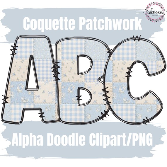 Coquette Patchwork Doodle Alphabet PNG | Retro Gingham & Floral Sublimation Design Set | Printable Monogram Clipart | Instant Download