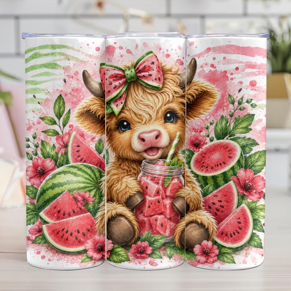 Highlands Cow Tumbler 20 oz Skinny Tumbler Sublimation Design, Cute Cow Summer Fruit PNG Instant Download Tumbler Wrap