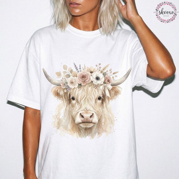 Comfort Colors® Highland Cow With Bow Flowers Tshirt, Cute Floral Cow Shirt, Cow Lover Gift, Graphic Floral Cow Tee, Highland Cow Shirt