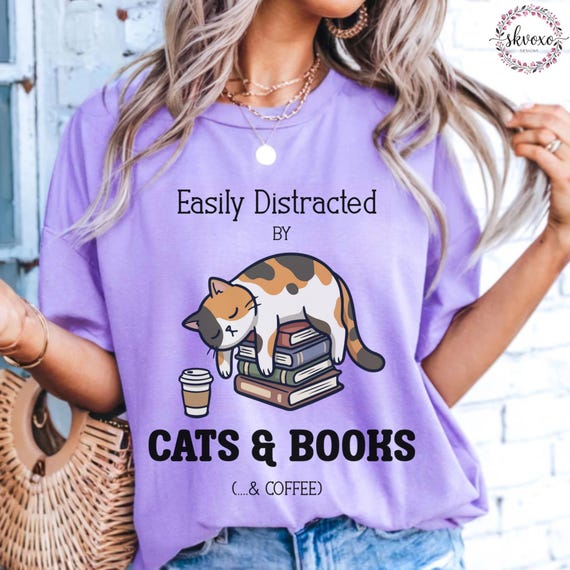 Comfort Colors® Cats And Books T-shirt, Reader Cat Shirt, Easily Distracted By Books & Cats shirt, Bookworm Cat Owner Gift