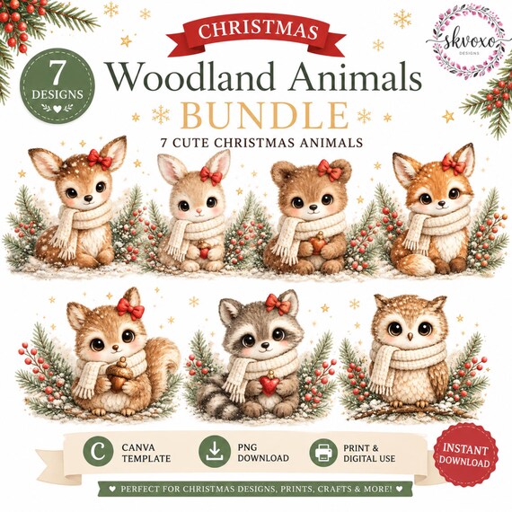 Cute Christmas Woodland Animals Clipart | Forest Creatures PNG Bundle | Digital Download | PNG, Commercial Use