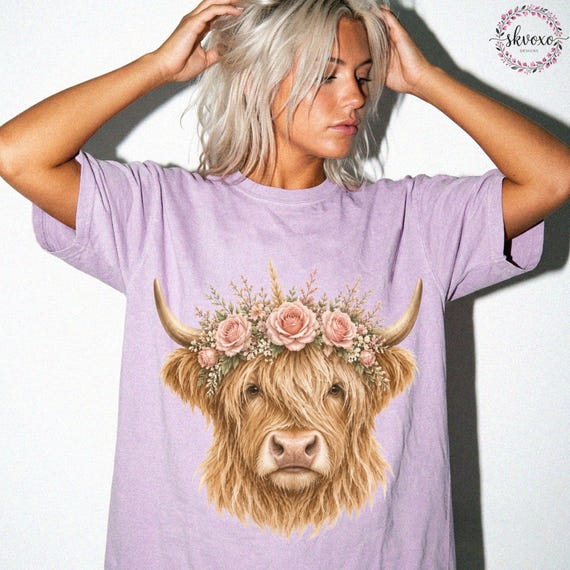 Comfort Colors® Highland Cow With Flowers Crown T-Shirt, Cute Floral Cow Shirt, Cow Lover Gift, Graphic Floral Cow Tee, Highland Cow Shirt