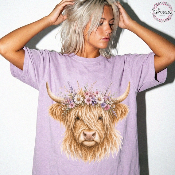 Comfort Colors® Highland Cow With Wildflowers Crown T-Shirt, Cute Floral Cow Shirt, Cow Lover Gift, Floral Cow Tee, Highland Cow Shirt