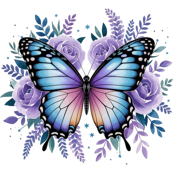Blue Purple Butterfly PNG, Floral Butterfly Sublimation Design, Lavender Rose Butterfly Clipart, Watercolor Butterfly PNG, Shirt Design
