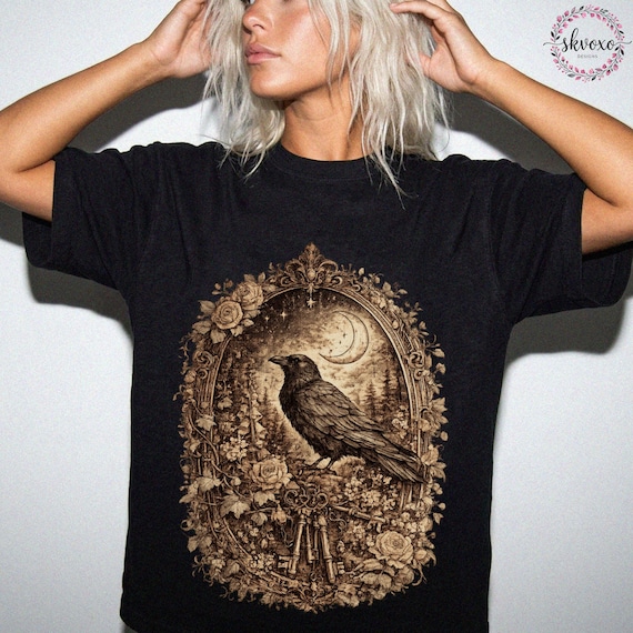Dark Academia Raven Shirt, Gothic Bird Tee, Vintage Apothecary Crow Graphic, Cottagecore Nature Shirt, Witchy Gift