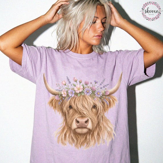 Comfort Colors® Highland Cow With Wildflowers Crown T-Shirt, Cute Floral Cow Shirt, Cow Lover Gift, Floral Cow Tee, Highland Cow Shirt