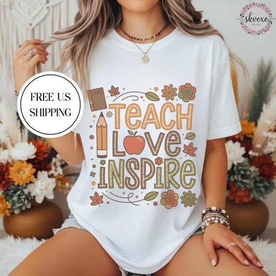 Teach Love Inspire T-shirt | Teacher Apple Pencil Autumn Shirt