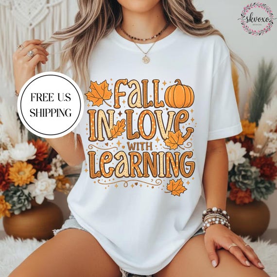 Comfort Colors® Fall Teacher Shirt | Fall in Love with Learning T-Shirt | Autumn Pumpkin Leaves Teacher Tee