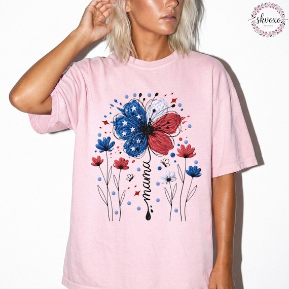 Comfort Colors® American Mama Shirt, Retro Mama Shirt, 4th of July Shirt, USA Mom Shirt, Patriotic Mom Shirt, Floral Mom Shirt, Gift for Mom