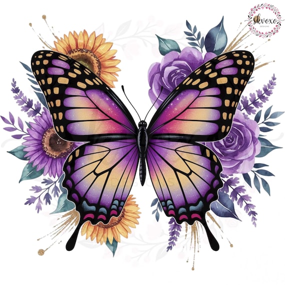 Purple Butterfly PNG, Sunflower Butterfly Sublimation Design, Floral Butterfly PNG, Watercolor Butterfly Clipart, T-Shirt Design PNG