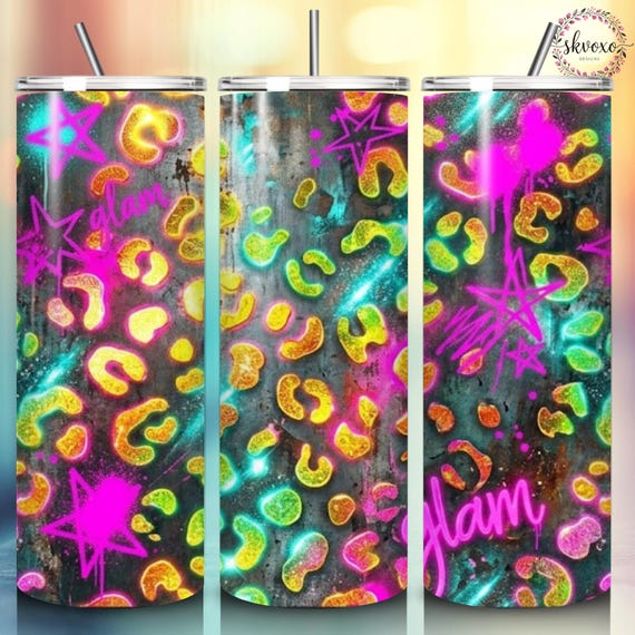 Neon Leopard Grunge Tumbler Wrap | 20oz Skinny Seamless Sublimation Design | Edgy Glam Pink Turquoise Cheetah PNG | Canva Template