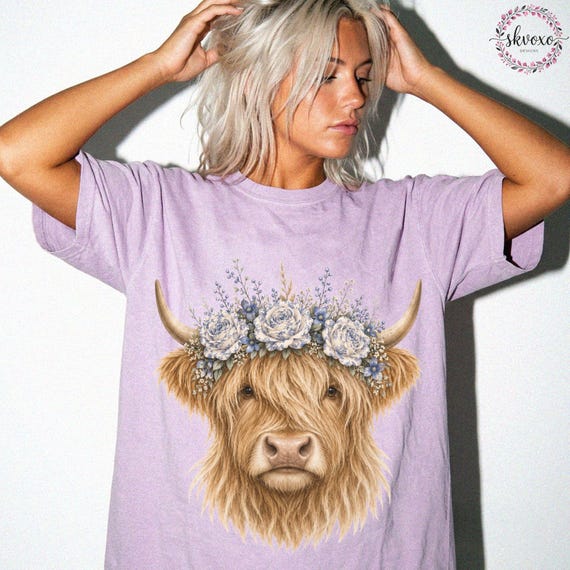 Comfort Colors® Highland Cow With Flowers Crown T-Shirt, Cute Floral Cow Shirt, Cow Lover Gift, Floral Cow Tee, Highland Cow Shirt