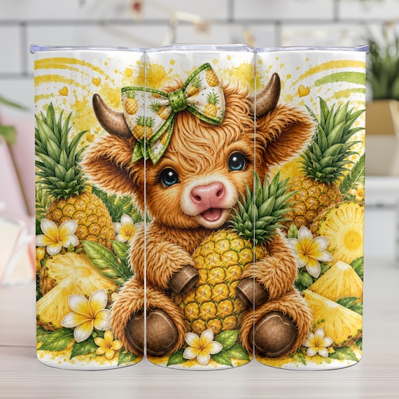 Highlands Cow Tumbler 20 oz Skinny Tumbler Sublimation Design, Cute Cow Summer Fruit PNG Instant Download Tumbler Wrap
