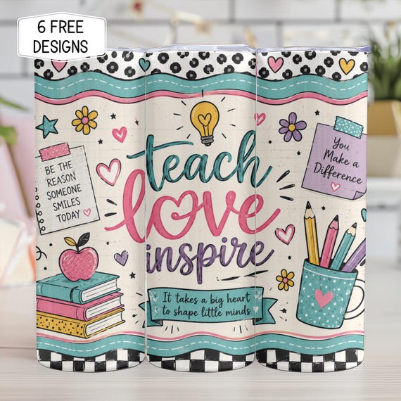 Teach Love Inspire 20oz Tumbler Wrap PNG, Teacher Appreciation Sublimation Design, Cute Teacher Gift Skinny Tumbler Digital Download