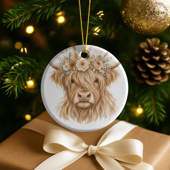 Highland Cow with Floral Crown Ceramic Ornament | Cow Face Ornament