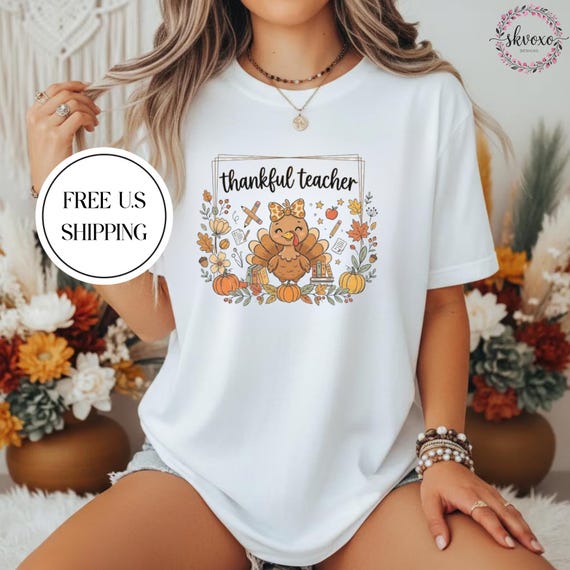 Comfort Colors® Thankful Teacher Shirt, Fall Turkey Teacher T-shirt, Thanksgiving Teacher Tee, Cute Turkey School T-shirt, Gift for Teacher