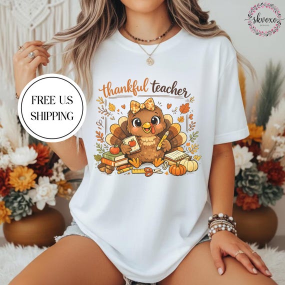 Comfort Colors® Thankful Teacher Shirt, Fall Turkey Teacher T-shirt, Thanksgiving Teacher Tee, Cute Turkey School T-shirt, Gift for Teacher