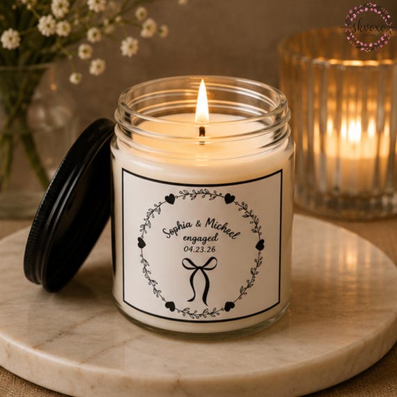 Custom Engagement Soy Candle Gift | Personalized Candle Gifts | 4oz & 9oz with Black Lid