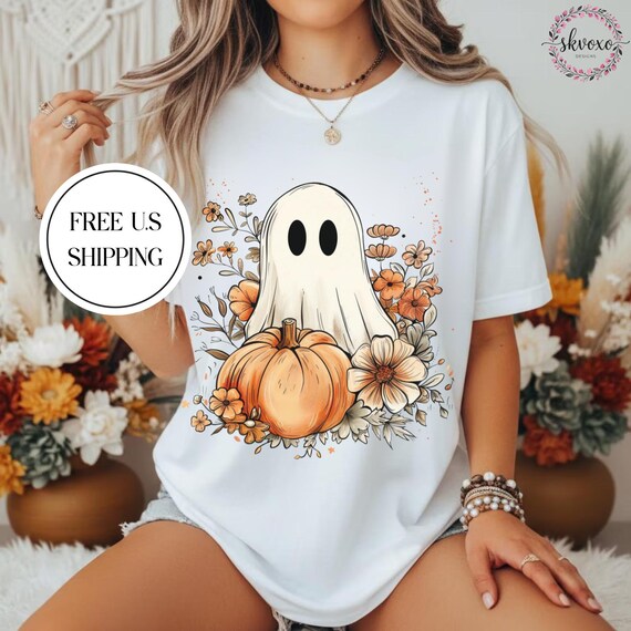 Comfort Colors® Ghost Pumpkin Autumn Halloween Fall Shirt | Autumn Ghost Pumpkin Tee | Halloween ghost with pumpkins and flowers T-shirt
