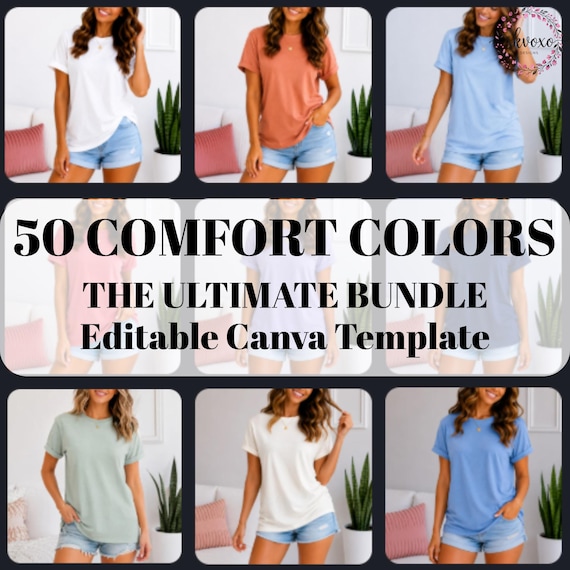 Comfort Colors 1717 Mockup Bundle | 50+ Colors T-Shirt Mockups | Canva Editable | POD Mockup Pack