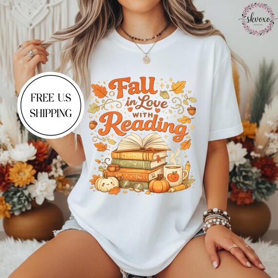 Fall in Love with Reading T-Shirt | Autumn Books Pumpkin Cozy Reading Tee