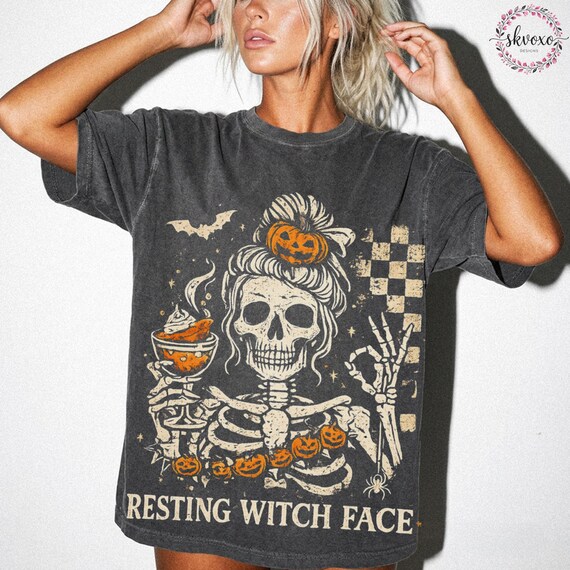 Comfort Colors® Messy Bun Drinking For Women Resting Witch Face Skeleton T-Shirt, Funny Skeleton T-Shirt, Halloween Lovers Gift Skull retro
