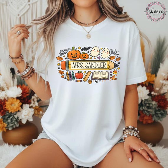 Customized Teacher Shirt, Back to School Shirt, Cute Halloween Shirt, Personalized Name Teacher Shirt, Pencil Teacher Shirt, Teacher Gift