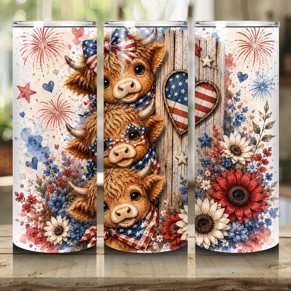 4th of July Highlands Cow Tumbler 20 oz Skinny Tumbler Sublimation Design, Cute Cow Summer Time PNG Instant Download  Tumbler Wrap