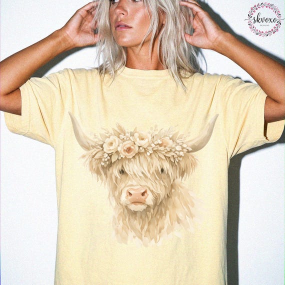Comfort Colors® Highland Cow With Bow Flowers Tshirt, Cute Floral Cow Shirt, Cow Lover Gift, Graphic Floral Cow Tee, Highland Cow Shirt