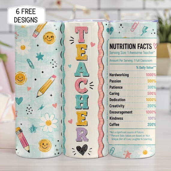 Teacher 20oz Tumbler Wrap PNG, Teacher Appreciation Sublimation Design, Cute Teacher Gift Skinny Tumbler Digital Download