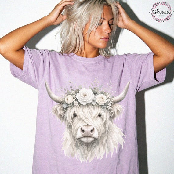 Comfort Colors® Highland Cow With Bow Flowers Tshirt, Cute Floral Cow Shirt, Cow Lover Gift, Graphic Floral Cow Tee, Highland Cow Shirt