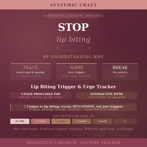 May include: A burgundy infographic with white text, titled "STOP lip biting." It details a lip biting trigger and urge tracker, including a 5-page printable PDF and interactive HTML. The graphic also shows how lip tissue can heal.