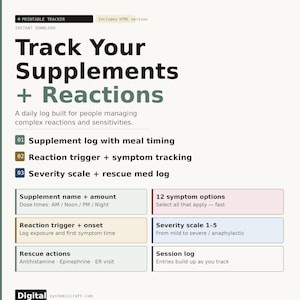 Interactive Supplement & Reaction Tracker (HTML Tool + PDF) | Real-Time Symptom and Trigger Log | No App Needed