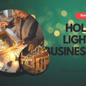 May include: An image promoting a Holiday Lighting Business Kit. The image features a woman arranging Christmas lights in a box, with text that reads "Holiday Lighting Business Kit" and "Get Started". A smaller image shows a house decorated with Christmas lights.