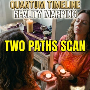 May include: A person in an orange patterned top holds a lit tea light candle in front of a mirror. Text overlays read SAME DAY PDF, PARALLEL REALITY, QUANTUM TIMELINE REALITY MAPPING, TWO PATHS SCAN, NO AI 100% HUMAN, and LuminaSeraph Tarot.