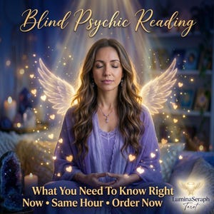 May include: An image advertising a blind psychic reading. A woman with long brown hair and closed eyes is the central figure, with angel wings. The text "Blind Psychic Reading" is at the top, with additional text below. The LuminaSeraph Tarot logo is in the bottom right.