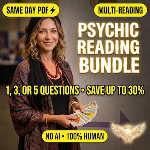 May include: A psychic reading bundle advertisement featuring a person holding tarot cards. Text includes: SAME DAY PDF, MULTI-READING, PSYCHIC READING BUNDLE, 1, 3, OR 5 QUESTIONS • SAVE UP TO 30%, and NO AI • 100% HUMAN. The person wears a black top, red beads, and a paisley shawl.