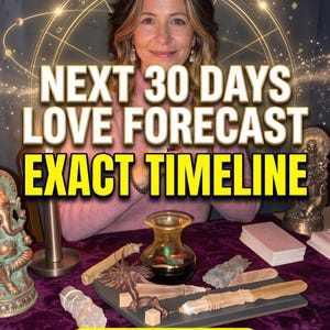 May include: A person in a pink sweater sits behind a table with a purple cloth, featuring text that reads SAME HOUR, 30 DAY SCAN, NEXT 30 DAYS LOVE FORECAST EXACT TIMELINE, and NO AI 100% HUMAN. On the table are a glass vessel, crystals, and a feather.