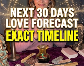 Puede incluir: Una persona con suéter rosa sentada tras una mesa con mantel morado, con el texto SAME HOUR, 30 DAY SCAN, NEXT 30 DAYS LOVE FORECAST EXACT TIMELINE y NO AI 100% HUMAN. Sobre la mesa hay un recipiente de cristal, cristales y una pluma.