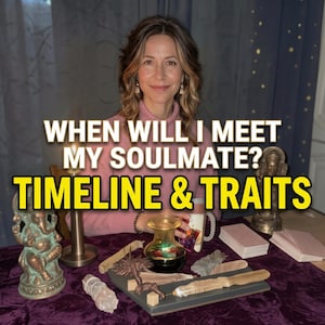 May include: A person wearing a pink turtleneck sweater sits behind a table covered in a purple cloth. The image features text reading "WHEN WILL I MEET MY SOULMATE? TIMELINE & TRAITS", "FAST DELIVERY", "FUTURE LOVE", and "NO AI • 100% HUMAN".